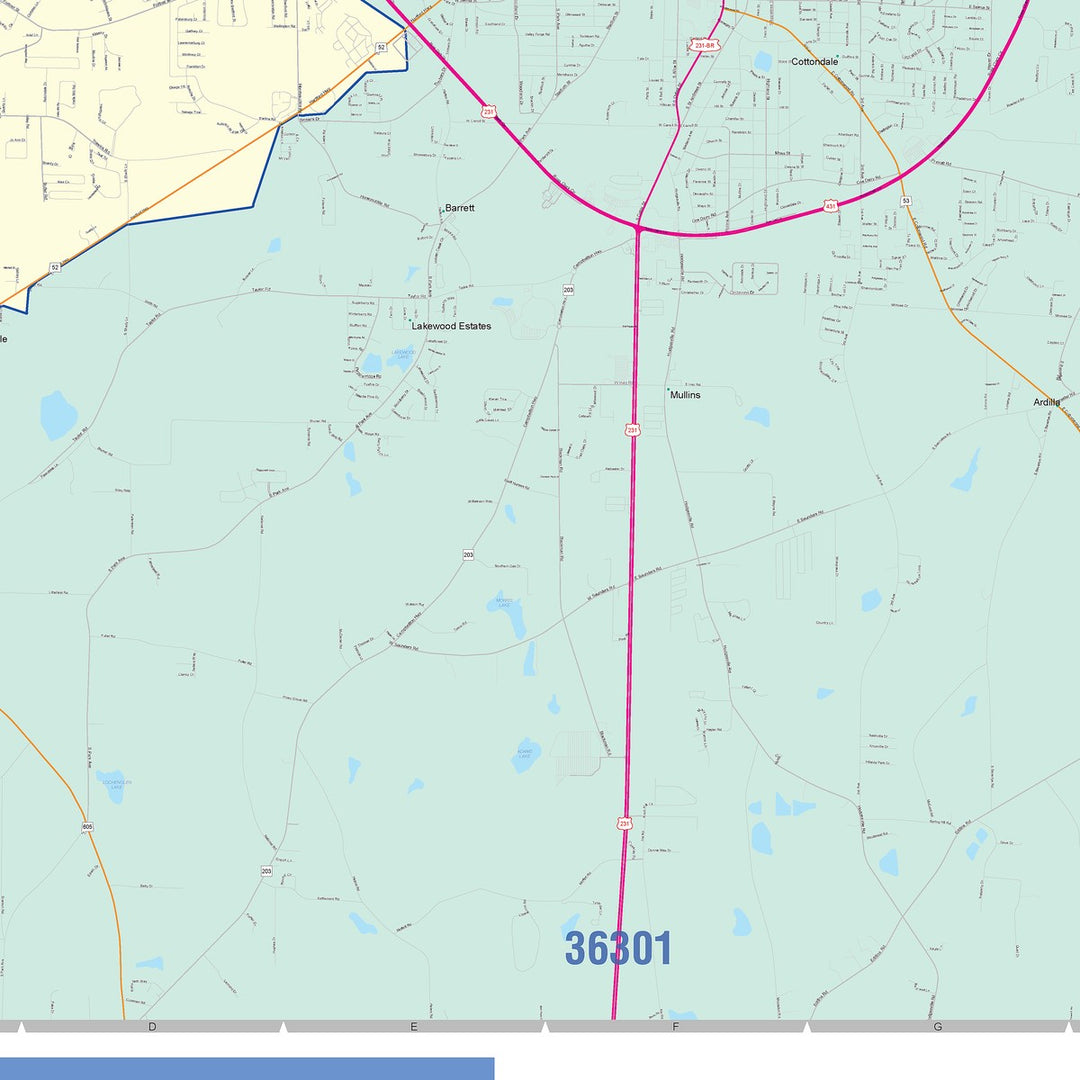 Color Cast Zip Code Style Wall Map of Dothan, AL