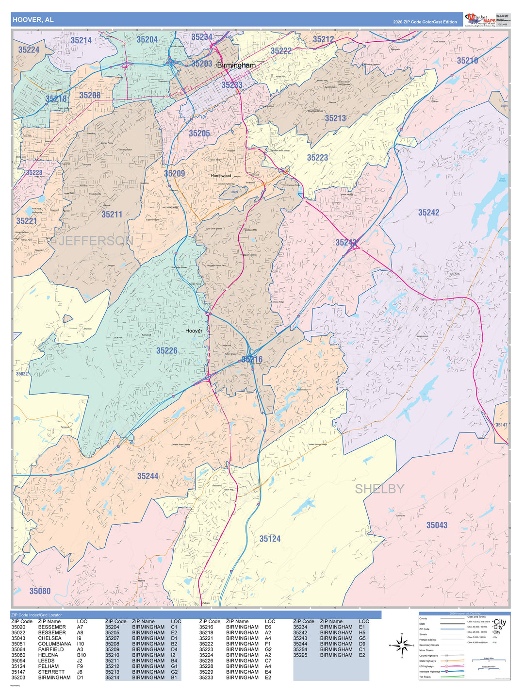 Color Cast Zip Code Style Wall Map of Hoover, AL