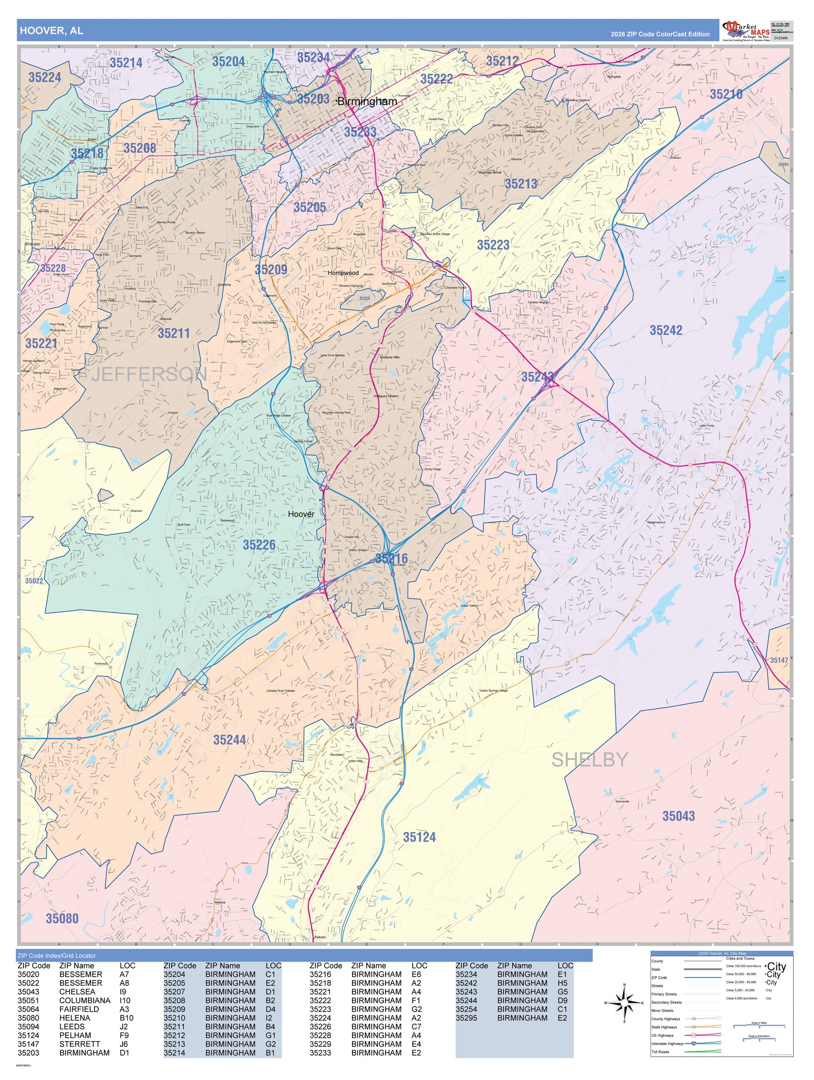 Color Cast Zip Code Style Wall Map of Hoover, AL