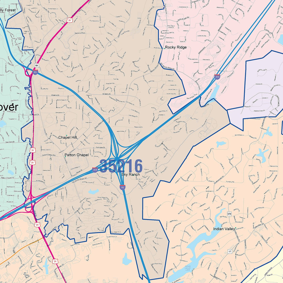 Color Cast Zip Code Style Wall Map of Hoover, AL