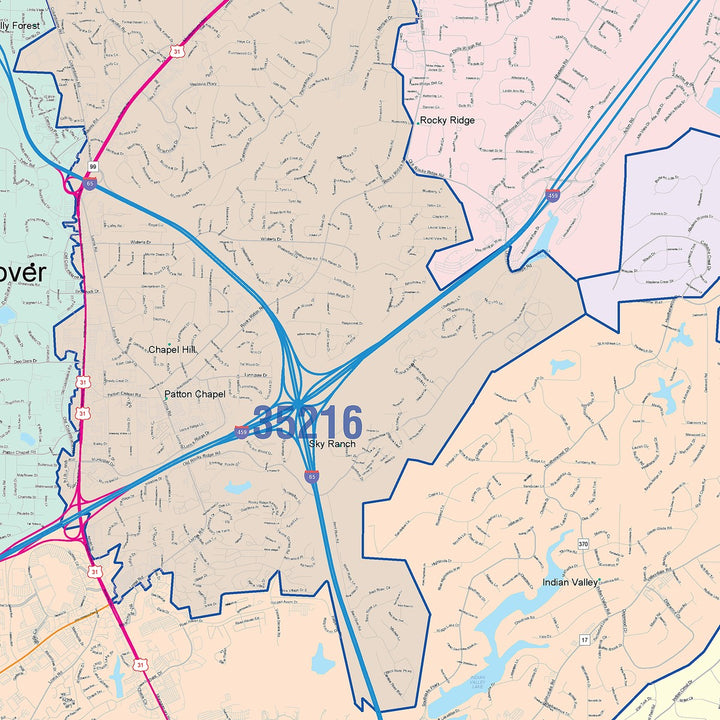 Color Cast Zip Code Style Wall Map of Hoover, AL