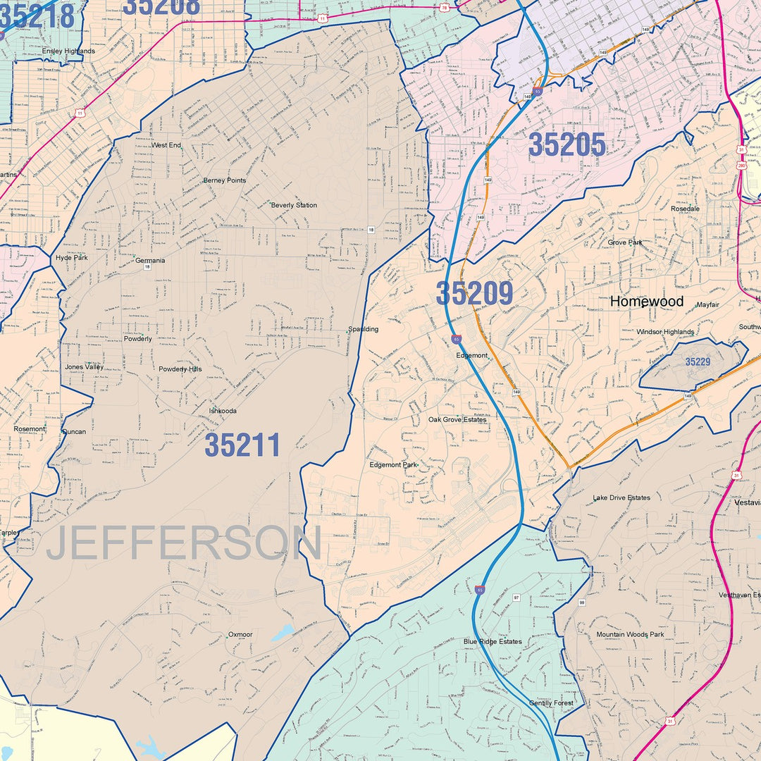 Color Cast Zip Code Style Wall Map of Hoover, AL