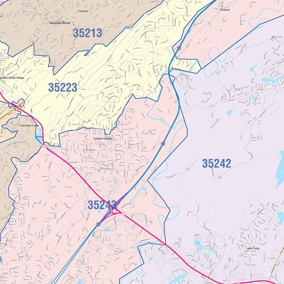 Color Cast Zip Code Style Wall Map of Hoover, AL