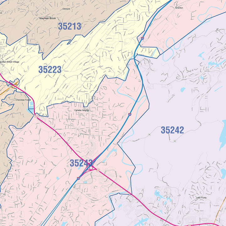 Color Cast Zip Code Style Wall Map of Hoover, AL