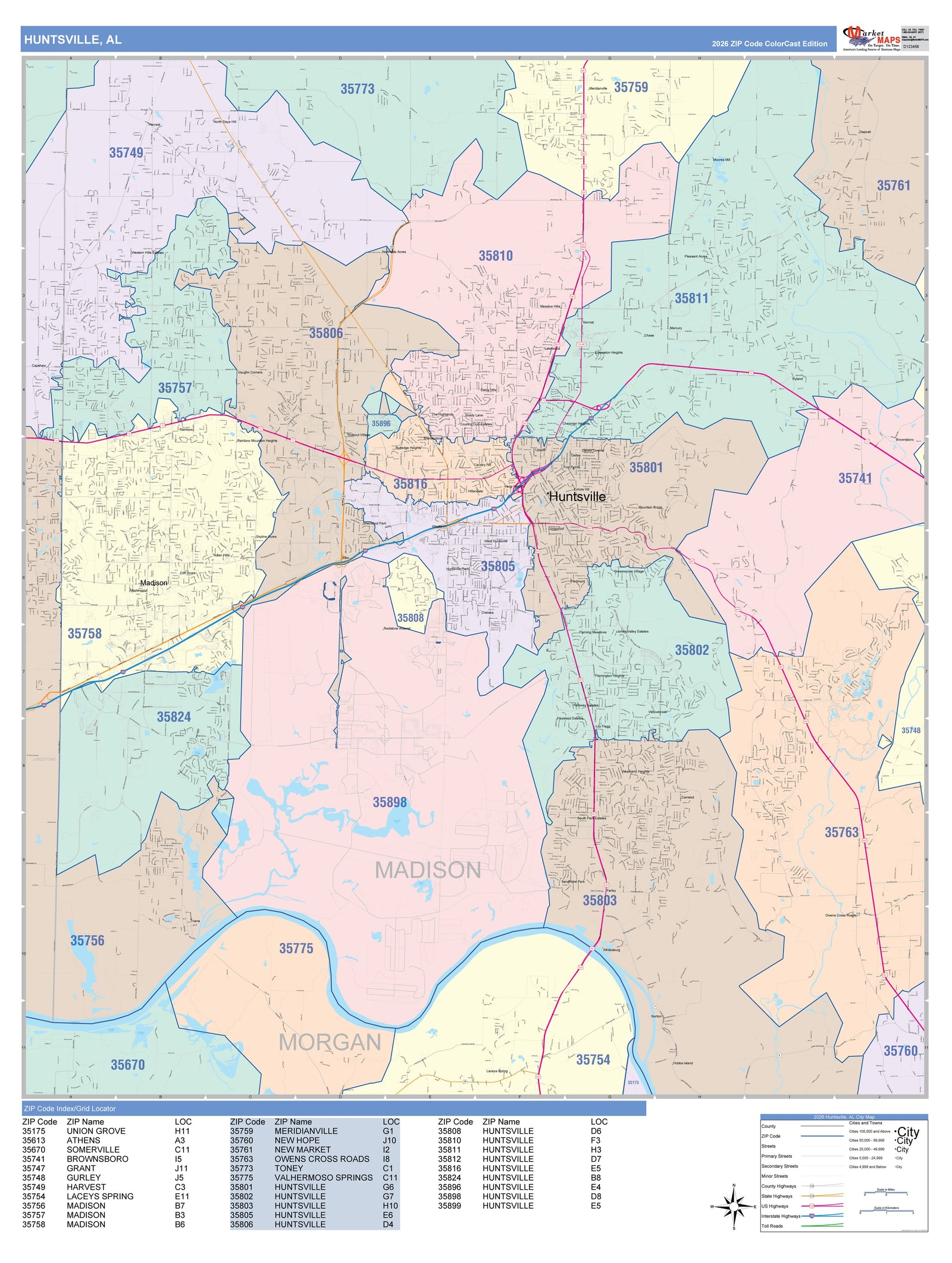 Color Cast Zip Code Style Wall Map of Huntsville, AL