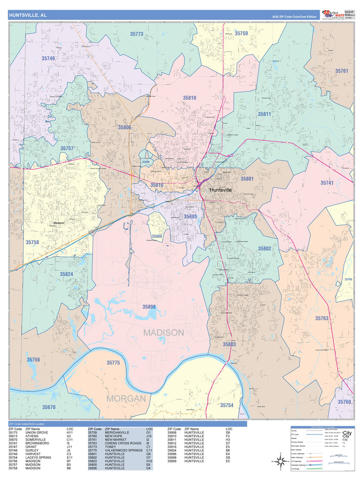 Color Cast Zip Code Style Wall Map of Huntsville, AL