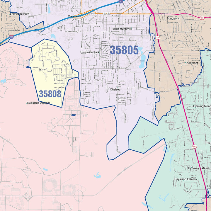 Color Cast Zip Code Style Wall Map of Huntsville, AL