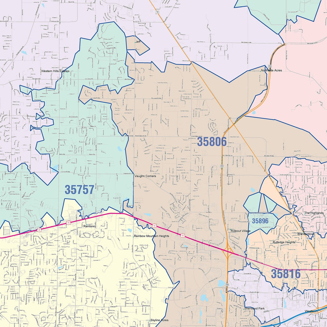 Color Cast Zip Code Style Wall Map of Huntsville, AL