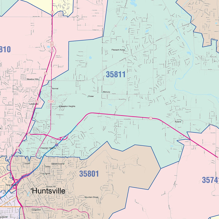 Color Cast Zip Code Style Wall Map of Huntsville, AL