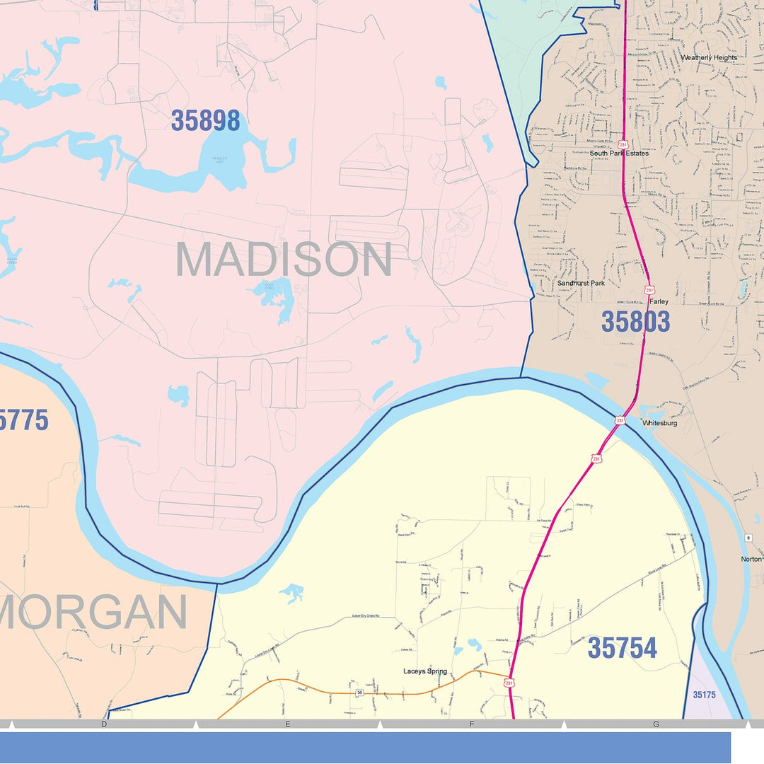 Color Cast Zip Code Style Wall Map of Huntsville, AL