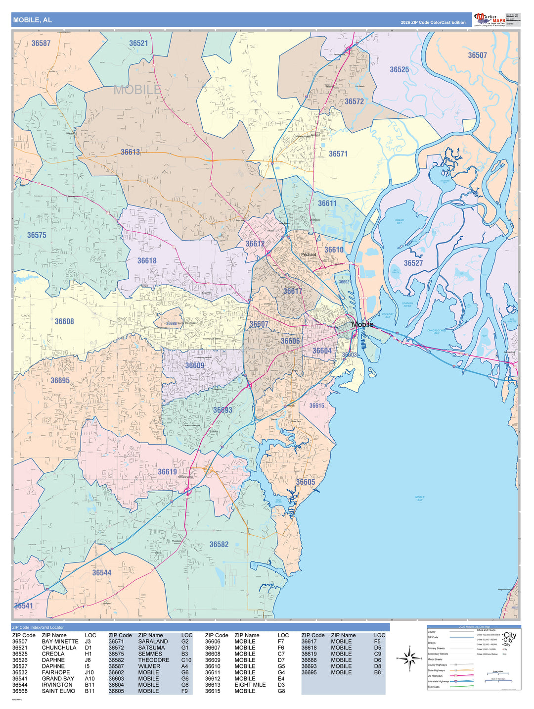 Colorcast Zip Code Style Wall Map of Mobile, AL – American Map Store