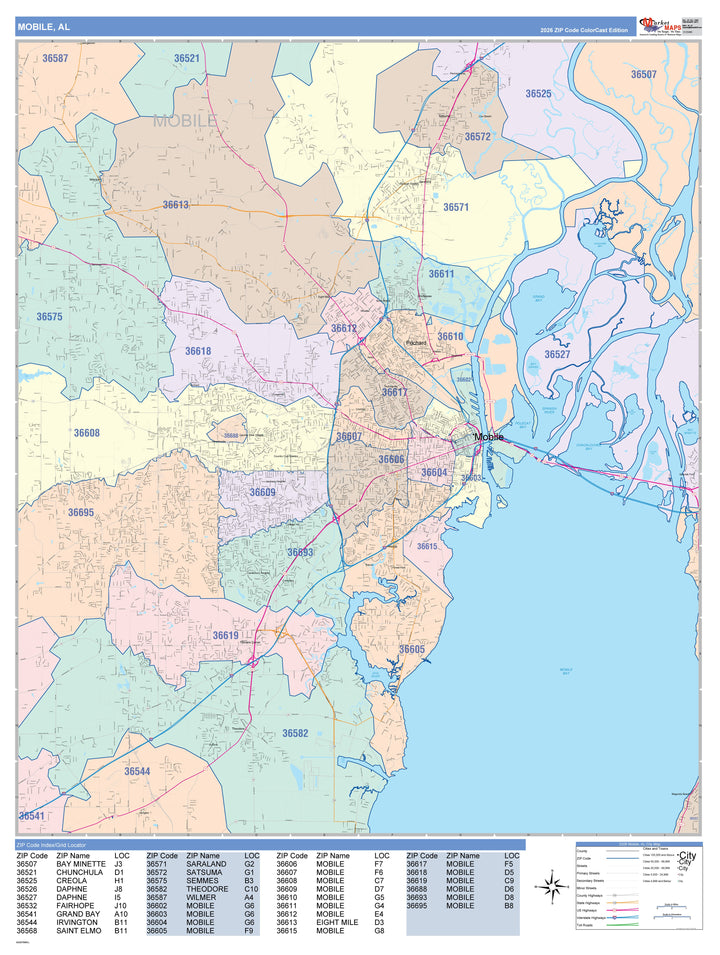 Colorcast Zip Code Style Wall Map of Mobile, AL – American Map Store