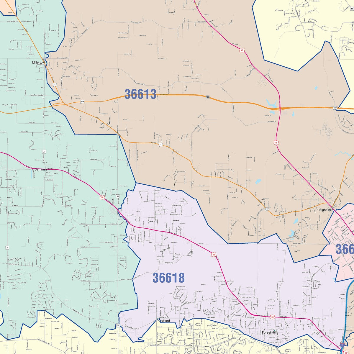Colorcast Zip Code Style Wall Map of Mobile, AL – American Map Store