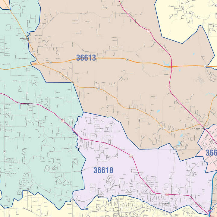 Colorcast Zip Code Style Wall Map of Mobile, AL – American Map Store