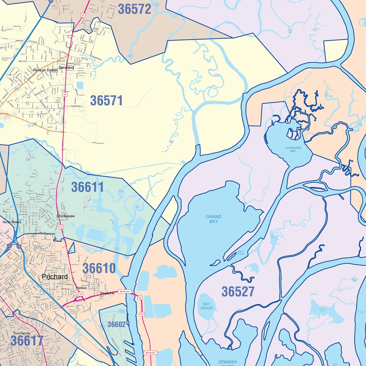 Colorcast Zip Code Style Wall Map of Mobile, AL – American Map Store