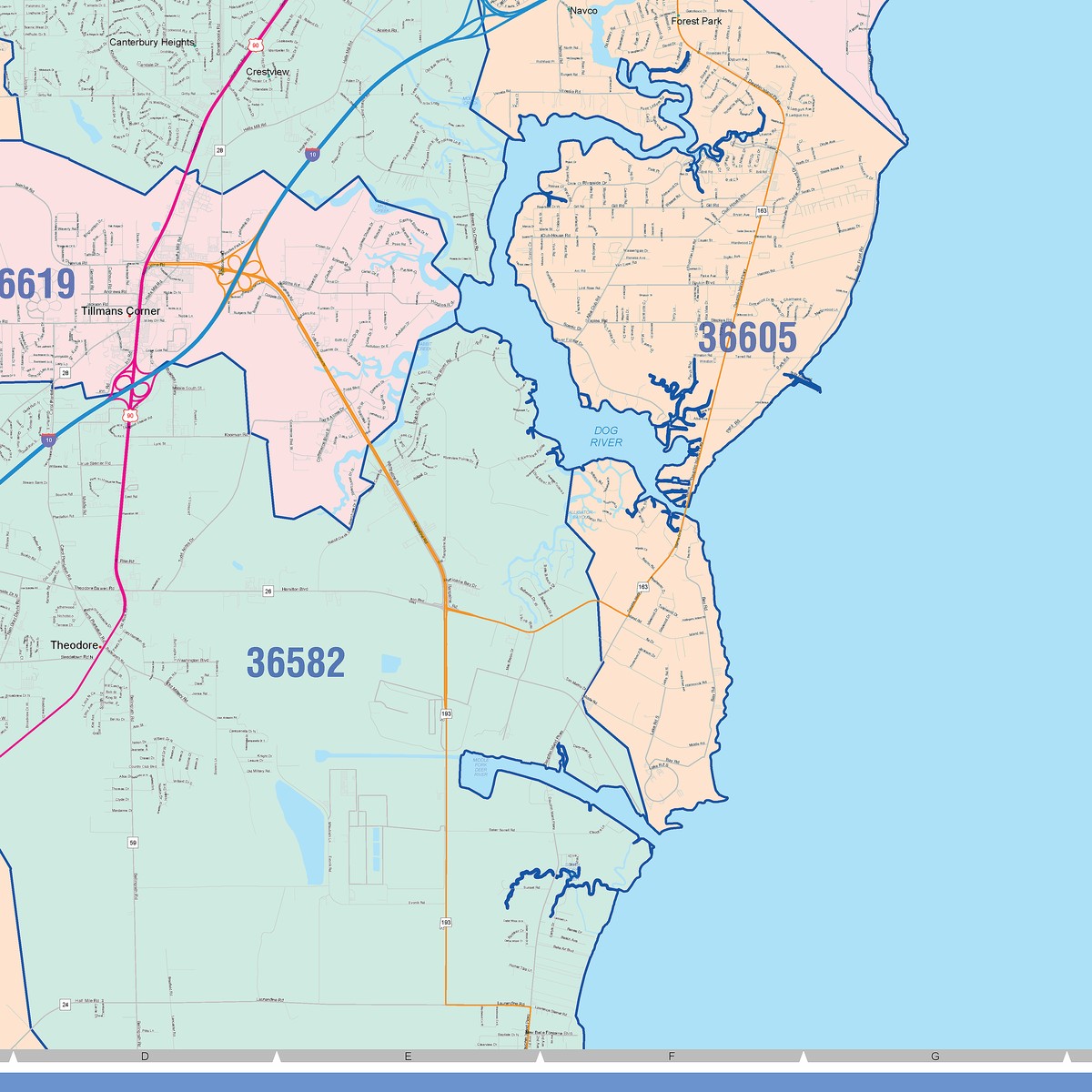 Colorcast Zip Code Style Wall Map of Mobile, AL – American Map Store
