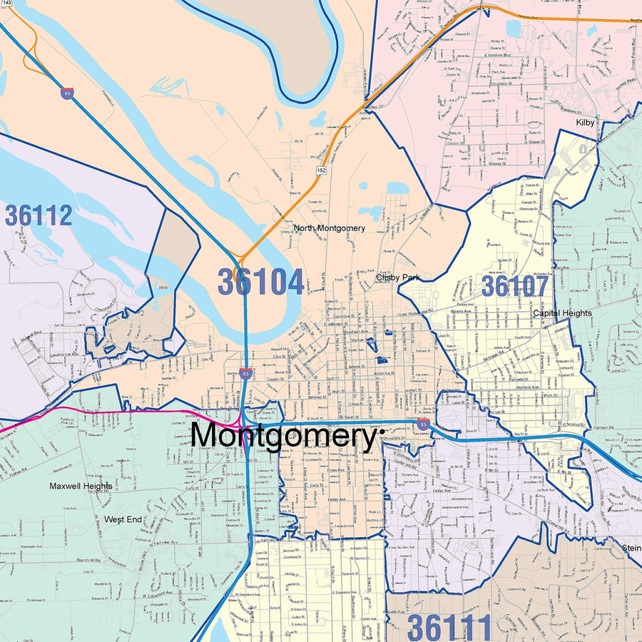 Colorcast Zip Code Style Wall Map of Montgomery, AL – American Map Store