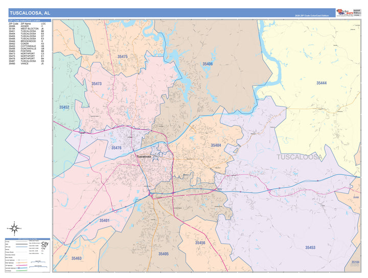 Color Cast Zip Code Style Wall Map of Tuscaloosa, AL