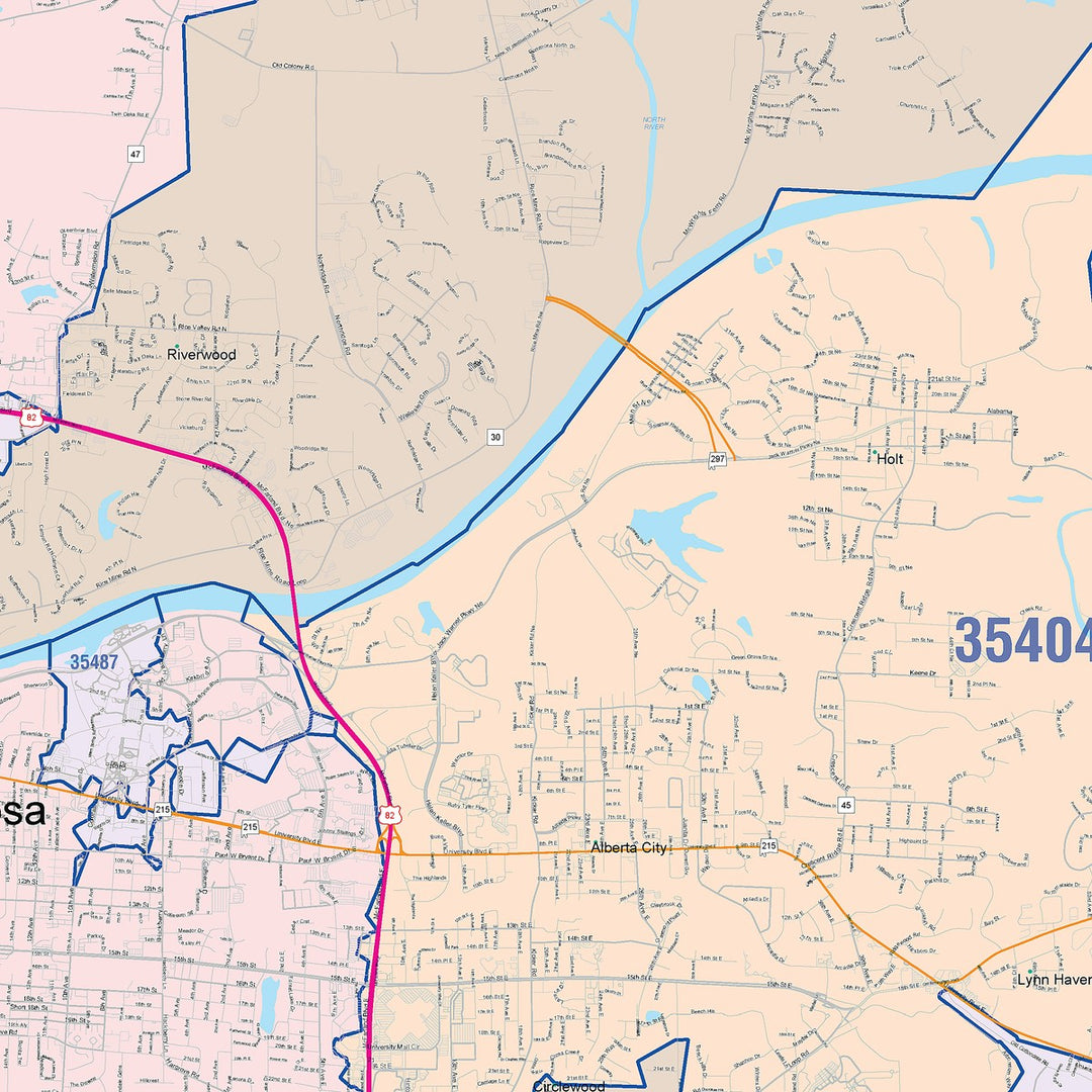 Color Cast Zip Code Style Wall Map of Tuscaloosa, AL
