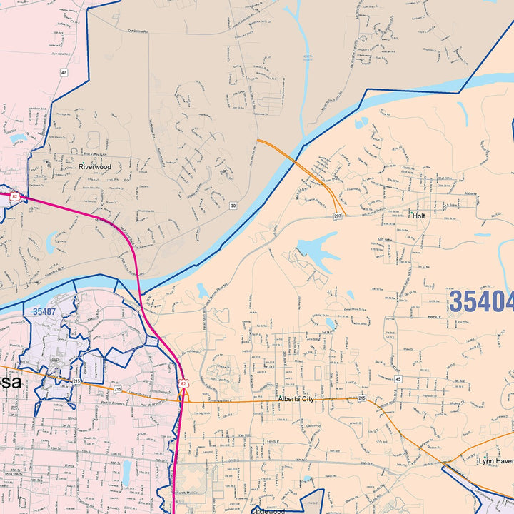 Color Cast Zip Code Style Wall Map of Tuscaloosa, AL
