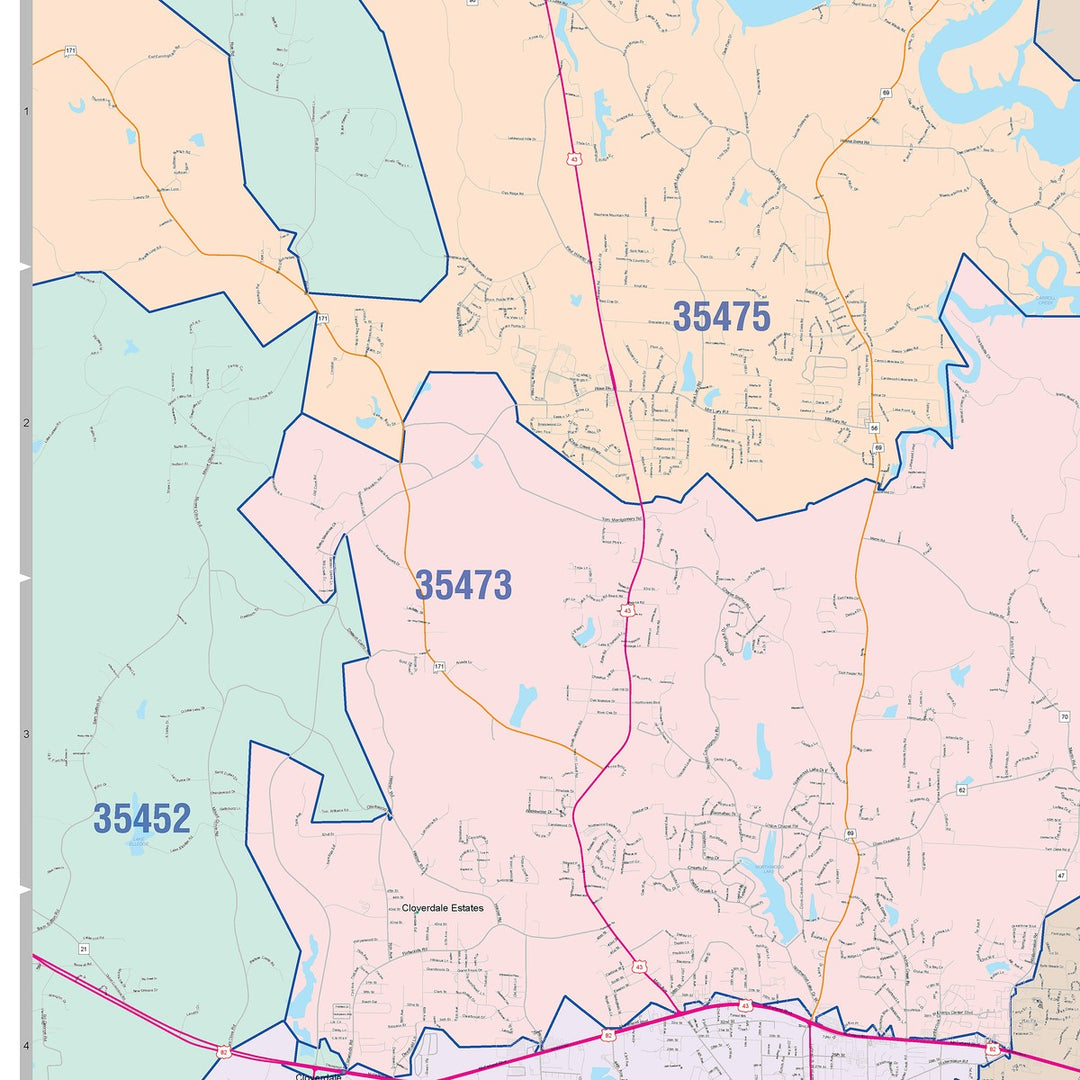 Color Cast Zip Code Style Wall Map of Tuscaloosa, AL