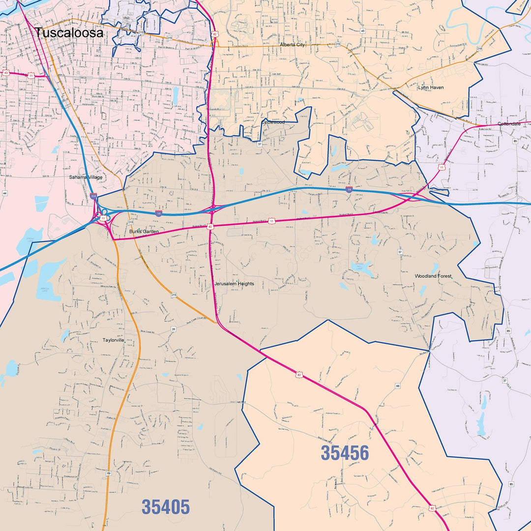 Color Cast Zip Code Style Wall Map of Tuscaloosa, AL
