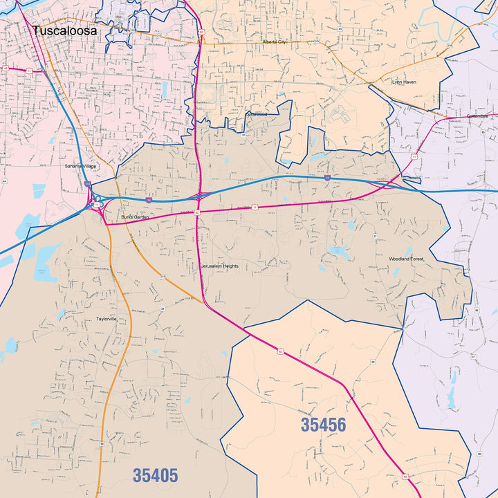 Color Cast Zip Code Style Wall Map of Tuscaloosa, AL