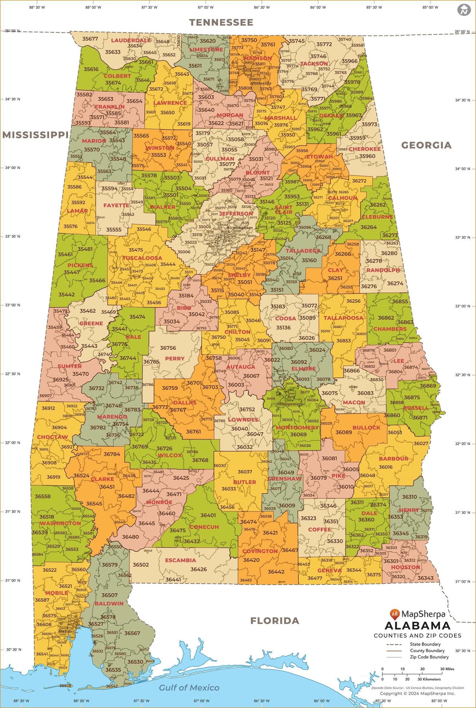 Alabama Zip Code Map with Counties