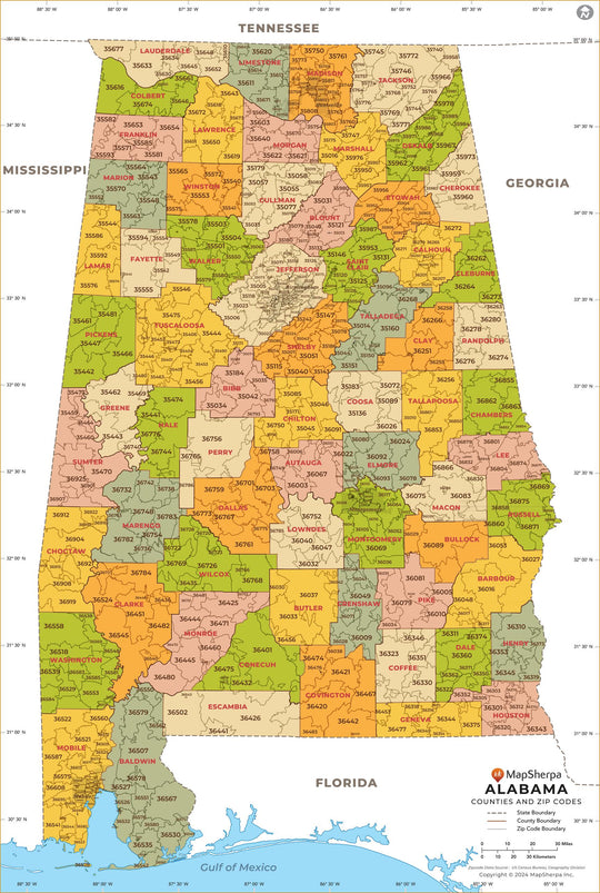 Alabama Zip Code Map with Counties – American Map Store