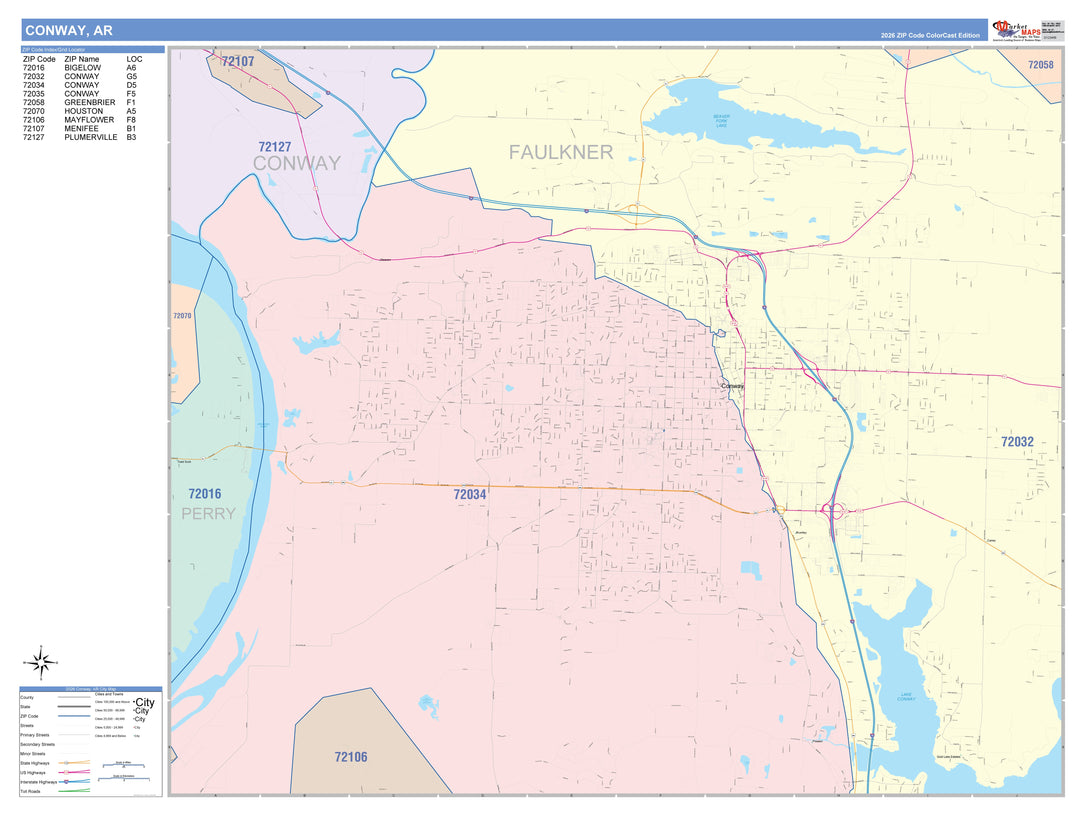 Color Cast Zip Code Style Wall Map of Conway, AR
