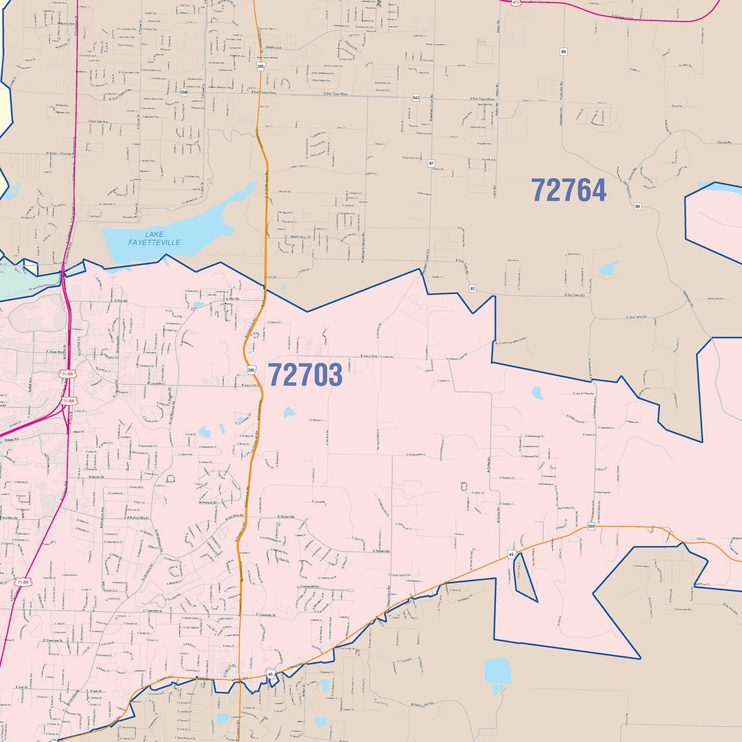 Color Cast Zip Code Style Wall Map of Fayetteville, AR