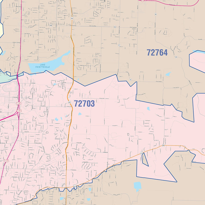 Color Cast Zip Code Style Wall Map of Fayetteville, AR