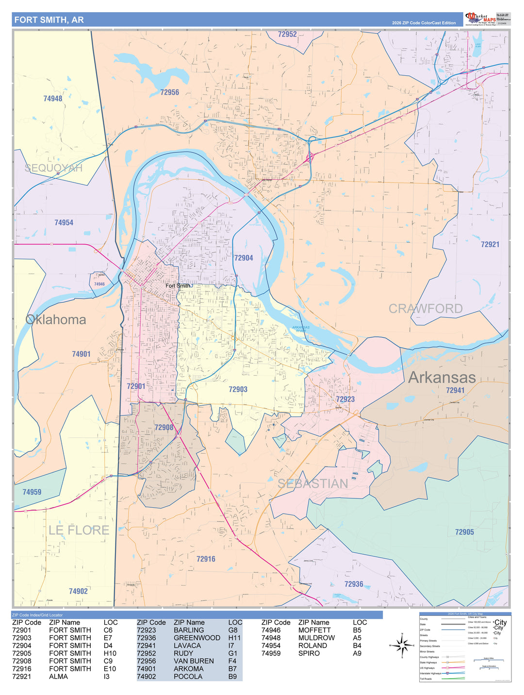 Color Cast Zip Code Style Wall Map of Fort Smith, AR