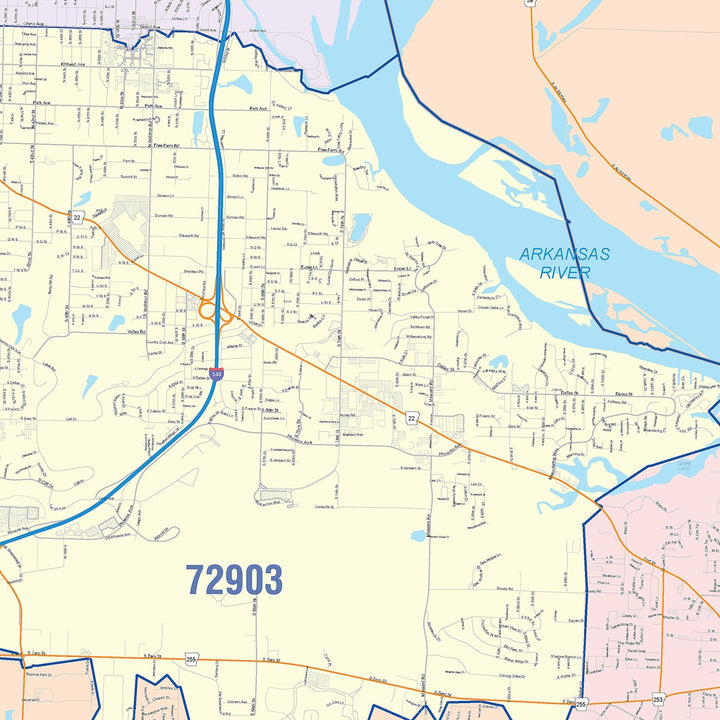 Color Cast Zip Code Style Wall Map of Fort Smith, AR