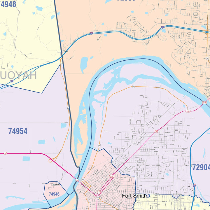 Color Cast Zip Code Style Wall Map of Fort Smith, AR