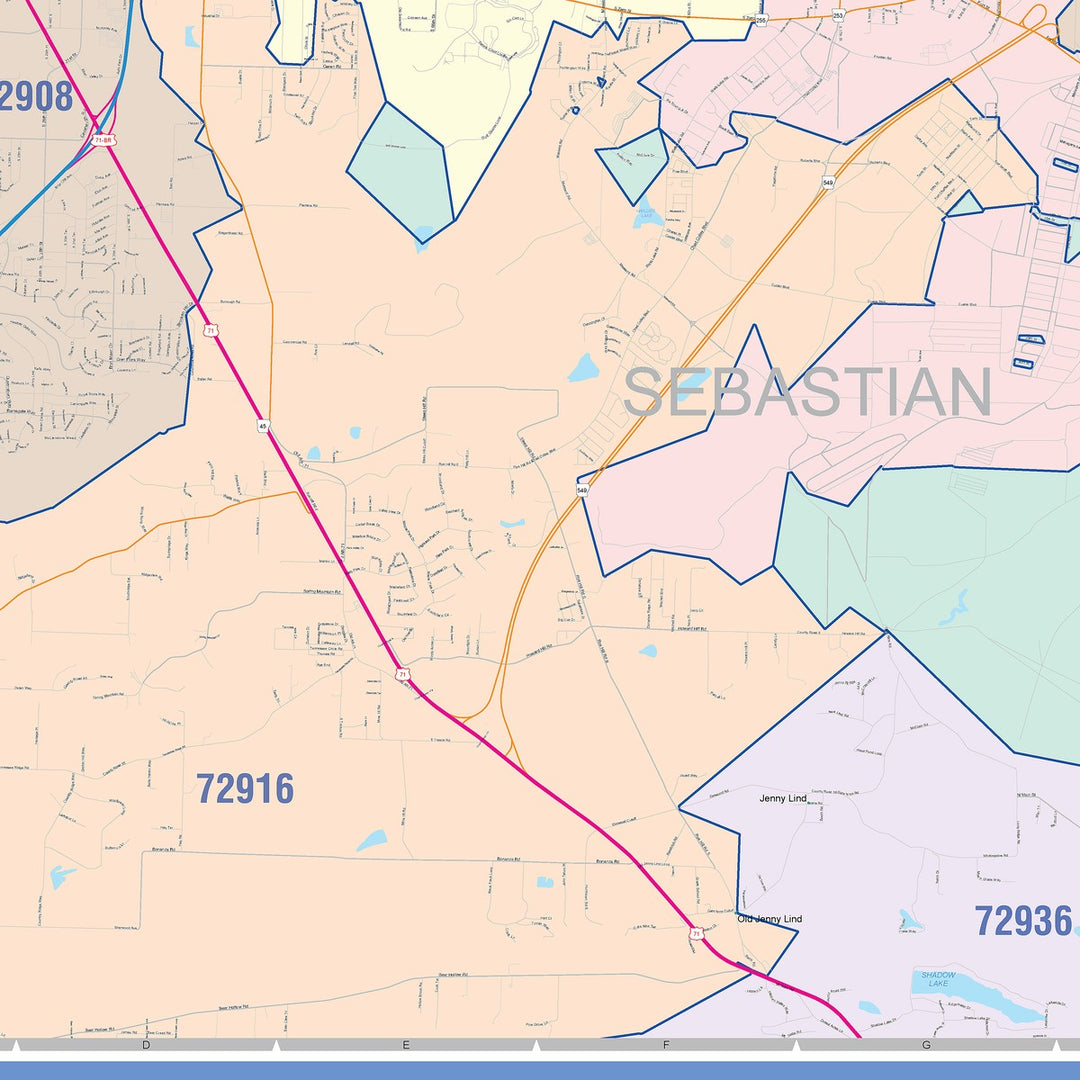 Color Cast Zip Code Style Wall Map of Fort Smith, AR
