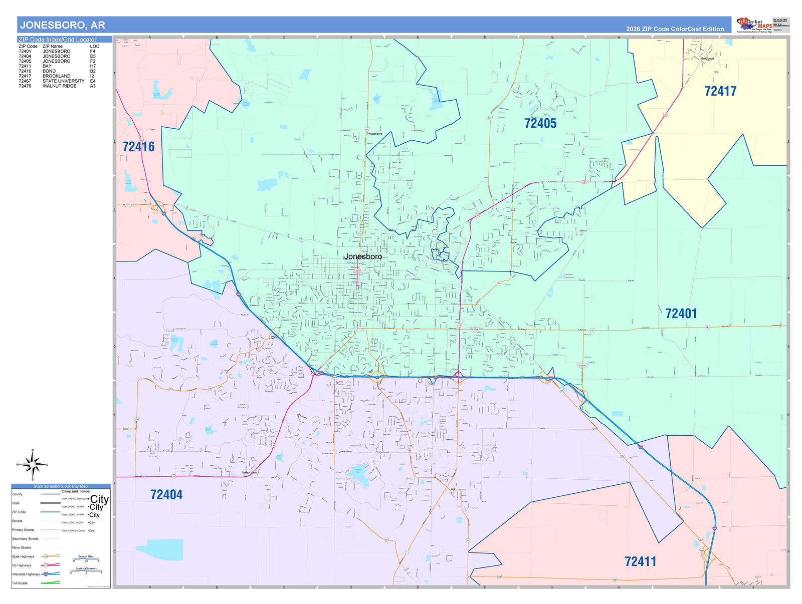 Color Cast Zip Code Style Wall Map of Jonesboro, AR