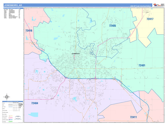 Color Cast Zip Code Style Wall Map of Jonesboro, AR – American Map Store