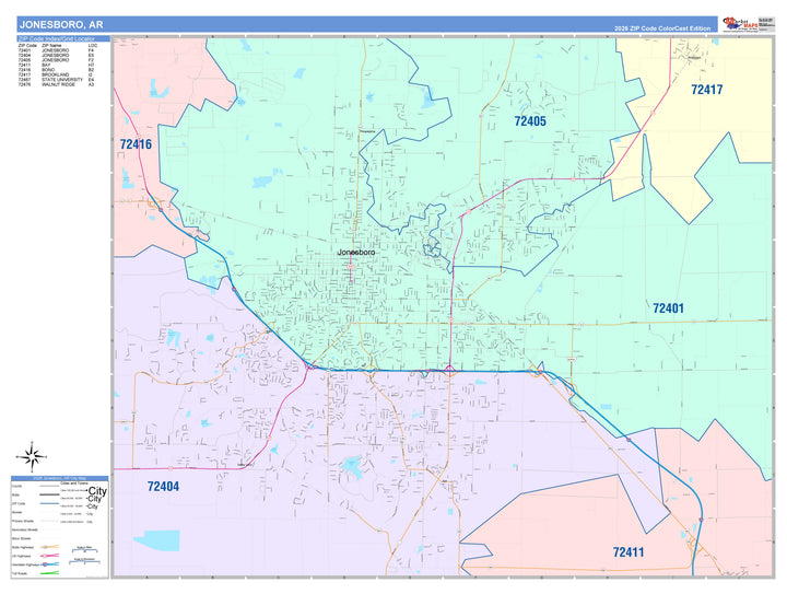 Color Cast Zip Code Style Wall Map of Jonesboro, AR
