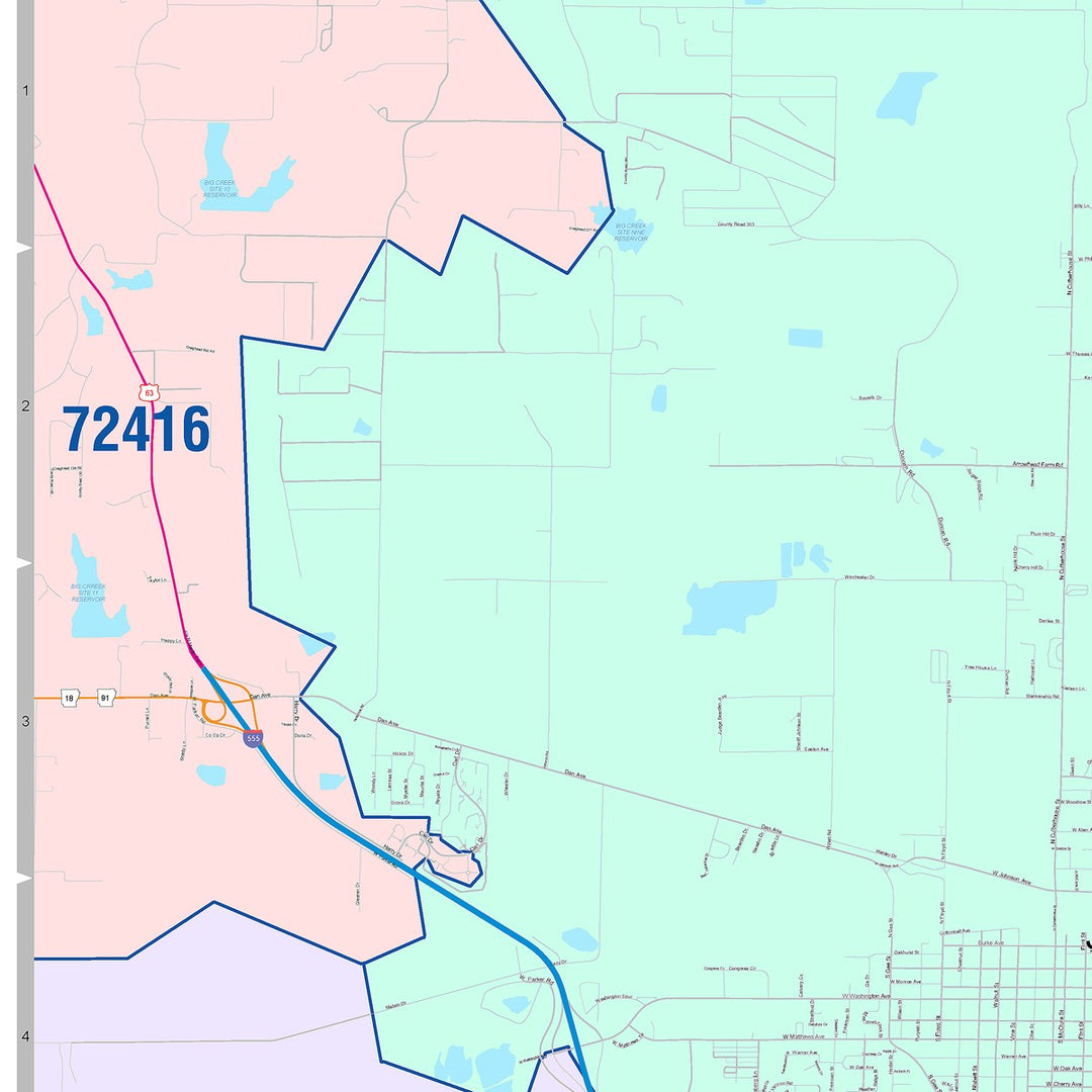 Color Cast Zip Code Style Wall Map of Jonesboro, AR