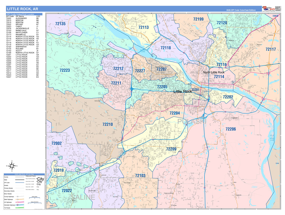Color Cast Zip Code Style Wall Map of Little Rock, AR