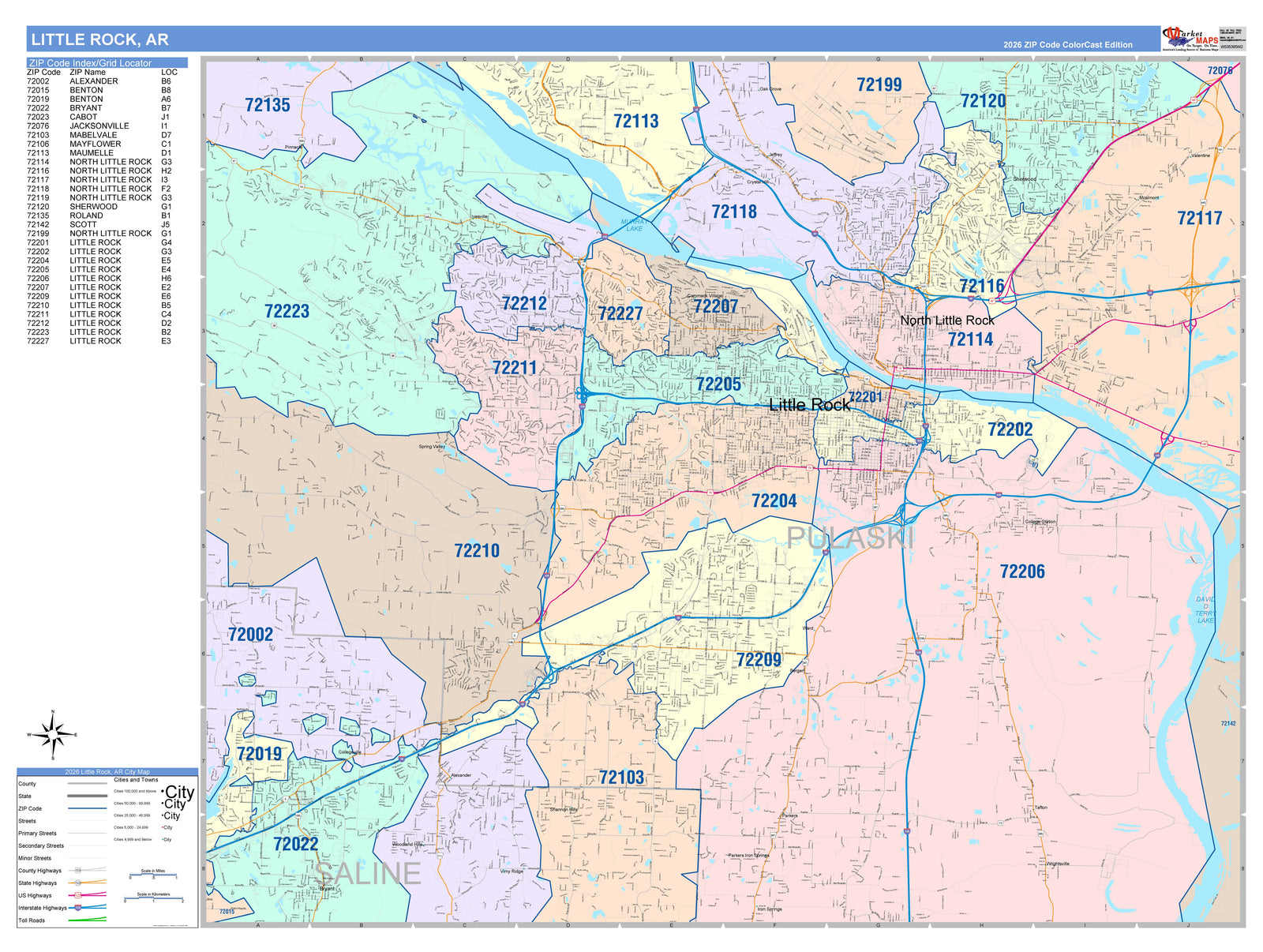 Color Cast Zip Code Style Wall Map of Little Rock, AR