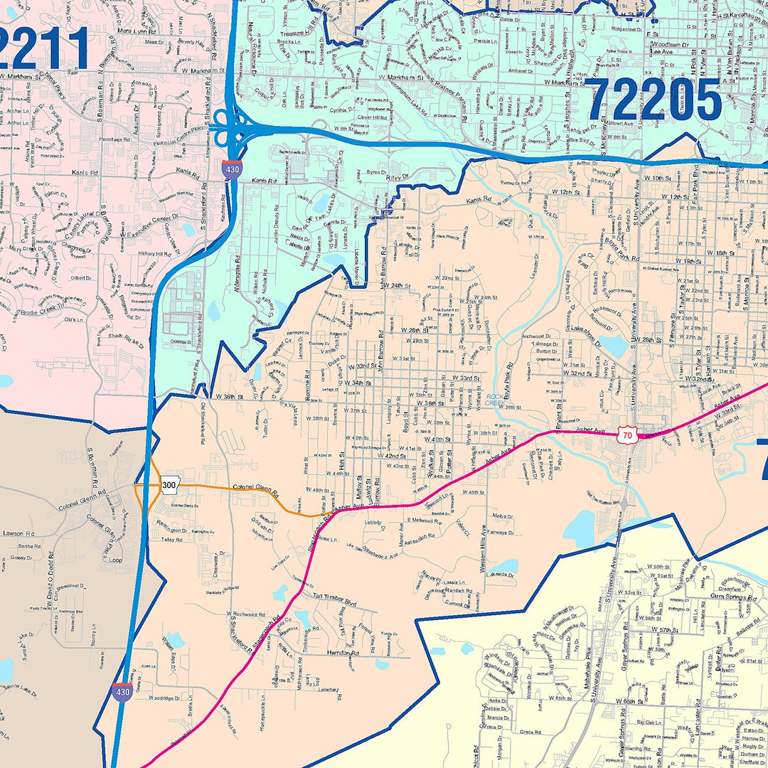Color Cast Zip Code Style Wall Map of Little Rock, AR