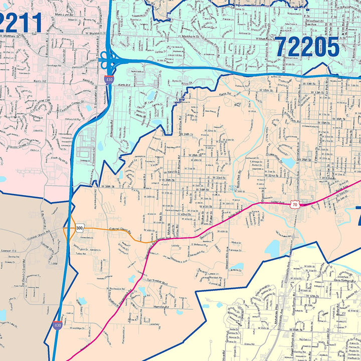 Color Cast Zip Code Style Wall Map of Little Rock, AR