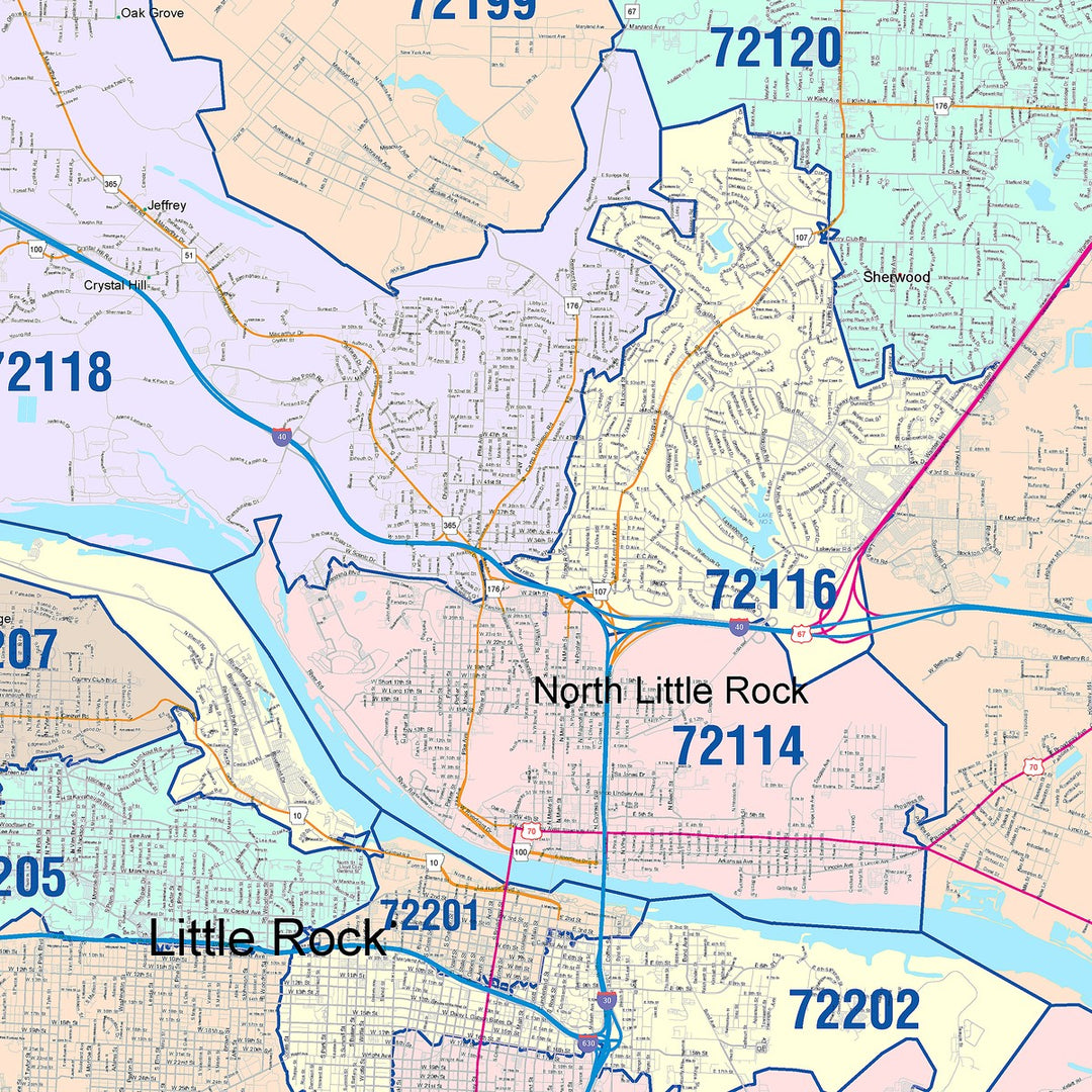 Color Cast Zip Code Style Wall Map of Little Rock, AR