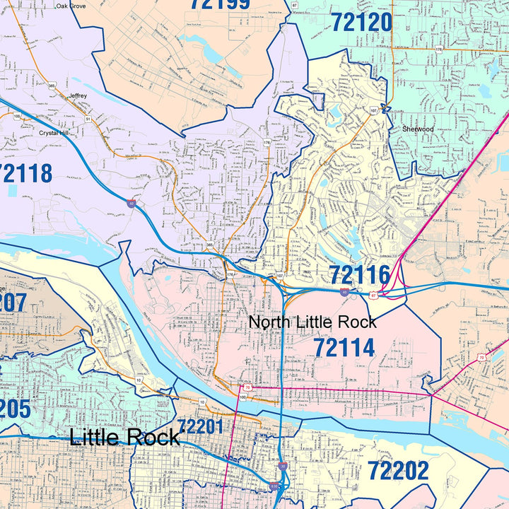 Color Cast Zip Code Style Wall Map of Little Rock, AR