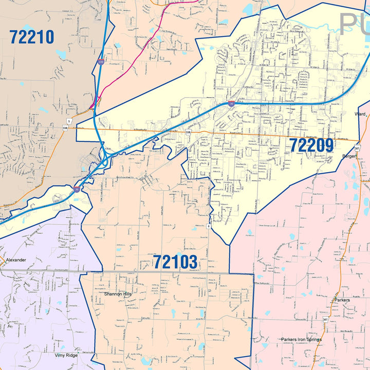 Color Cast Zip Code Style Wall Map of Little Rock, AR
