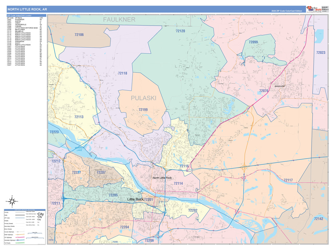 Color Cast Zip Code Style Wall Map of North Little Rock, AR