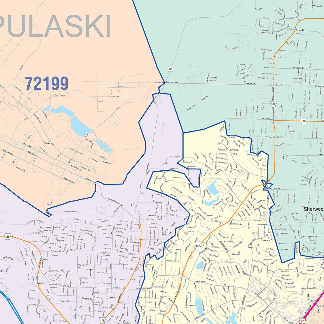 Color Cast Zip Code Style Wall Map of North Little Rock, AR