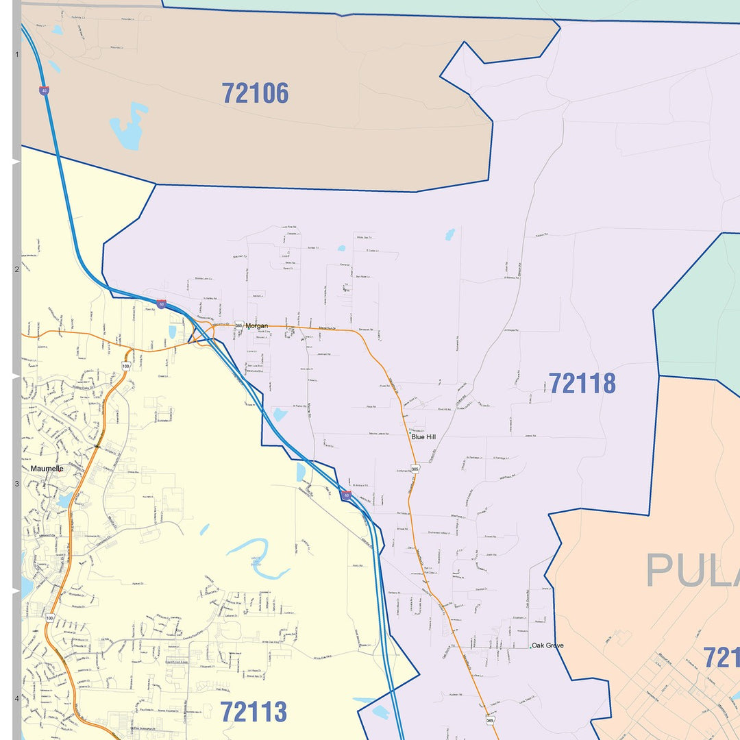 Color Cast Zip Code Style Wall Map of North Little Rock, AR